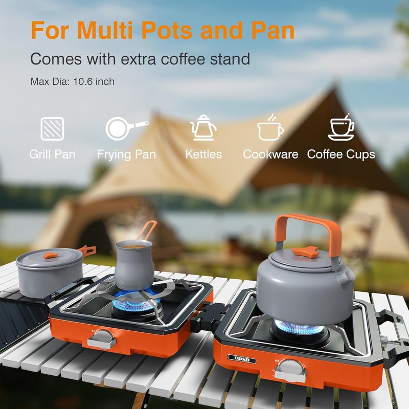 ODSD 2 Burner Camping Stove with Windshield, 20000 BTU Propane Camp Stove, Portable Folding Gas Stove, Camping Essentials Gear Includes Frying Pan, Coffee Stand & Carry Bag, Orange - Image 5